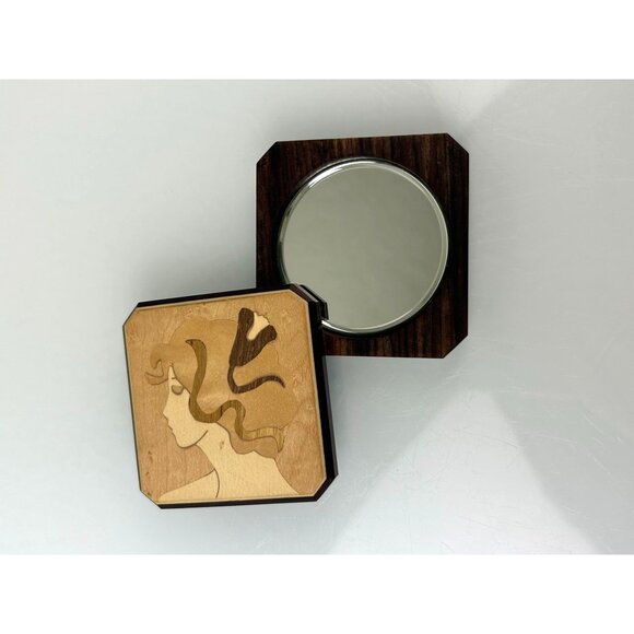 Vintage Inlaid Marquetry Compact Hand Mirror Art Nouveau Deco Lady Swivel Wood - Picture 8 of 10
